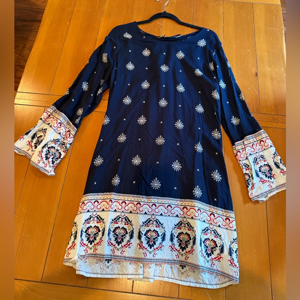 Charming Charlie Navy and Cream Patterned Dress